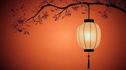 Poster - Elegant Asian Lantern Hanging on Branch with Beautiful Leaves Against a Warm Orange Background
