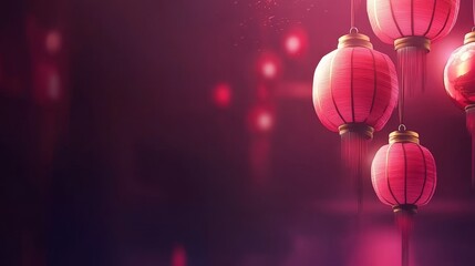 Poster - Elegant Red Lanterns Illuminating a Dreamy Atmosphere with Soft Pink Background and Subtle Bokeh Effects