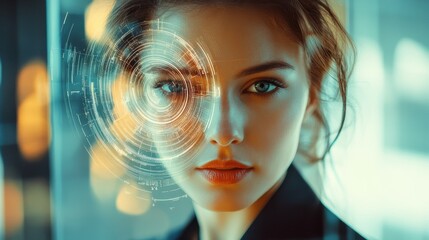 Poster - Attractive young european businesswoman with abstract web protection and thumbprint id safety hologram on blurry office interior background. Software and cybersecurity concept. Double exposure