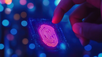 Poster - Close up of man hand pointing at abstract glowing id fingerprint web protection and security interface on blurry blue bokeh city background. Identification, cybersecurity and privacy concept.