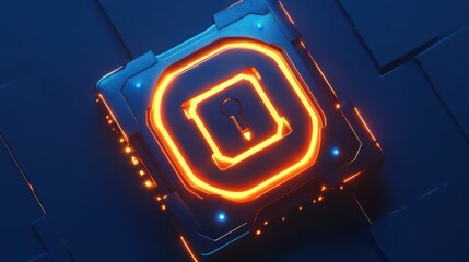 Poster - Glowing lock interface on blue background. Digital security and protection concept. 3D Rendering
