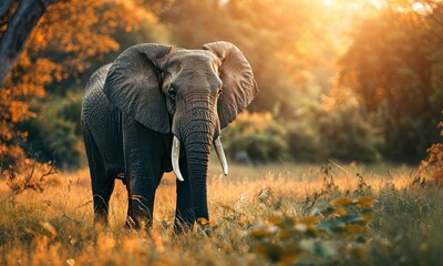 Wall Mural - adult elephant in sunlit savanna