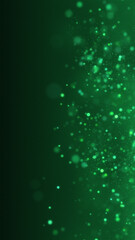 Poster - Green glowing circles particles dust flying at the middle right on a dark abstract background, bokeh effect, vertical composition. Event and banner background.