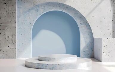 Wall Mural - Minimalist blue and white archway with two-tiered display podium.