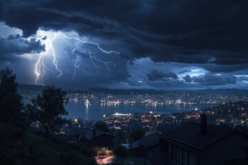 Wall Mural - thunderstorm night show over Oslo