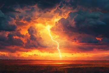 Wall Mural - Thunderstorm with lightning bolt and dramatic storm clouds over a field at sunset