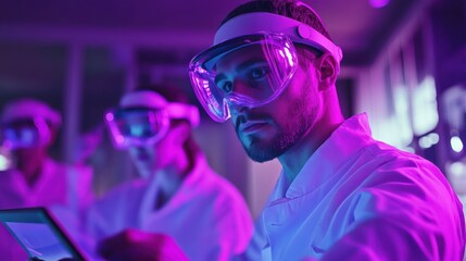 Poster - Professor teaching sudents science with help of tablet and augmented reality. Virtual reality, visual education, engaging teaching methods concept, violet palette. Website landing web page.