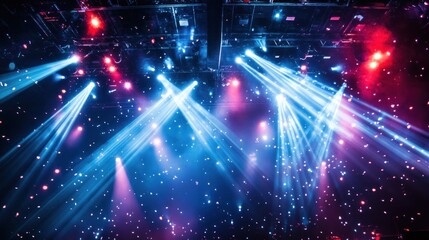 Wall Mural - Colorful stage lighting beams and spotlights shining on a dark concert background.