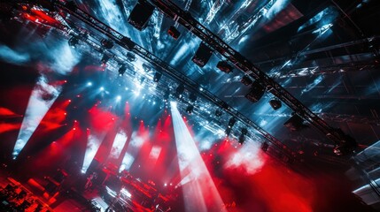 Wall Mural - Red and blue stage lighting beams and smoke at a concert.