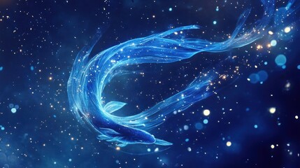Wall Mural - abstract glowing blue fish swimming in a dark, starry background.