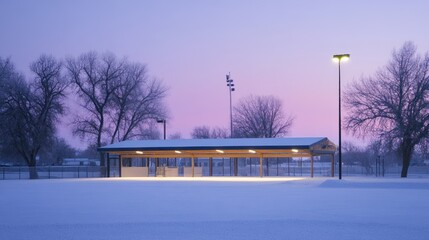 Wall Mural - Frosty dawn at a snow-covered park with a covered shelter, light posts, and leafless trees.