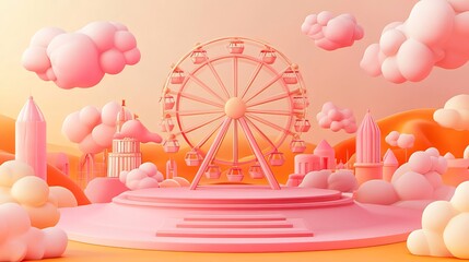 Pastel pink Ferris wheel on a stage with miniature buildings and clouds.