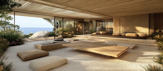 Wall Mural - Minimalist coastal living room with ocean view, featuring wooden furniture and neutral tones.