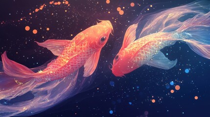 Wall Mural - Two Koi Fish Swim in Celestial Nebula, Glowing Scales, Dreamlike Art