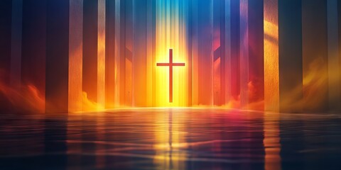 Poster - A stunning abstract depiction of a church interior featuring a glowing cross and vivid light rays reflecting on a serene water surface.