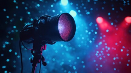 Wall Mural - Studio strobe light with softbox in blue and red bokeh background.