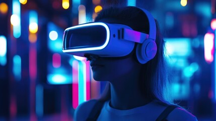 Woman using VR headset in vibrant neon city at night.