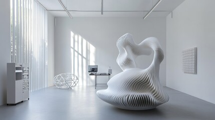 Wall Mural - modern white minimalist art studio interior with sculptural artwork.