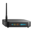 © Favio - Black wireless router with antenna and glowing led lights for internet connectivity and modern home networking devices. Wifi modem