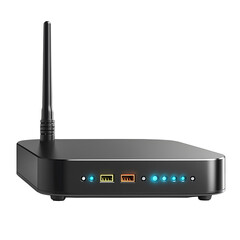 black wireless router with antenna and glowing led lights for internet connectivity and modern home 