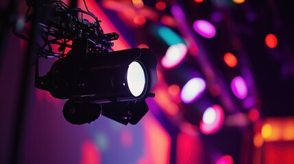 Wall Mural - Close-up of a stage lighting fixture with a blurred background of colorful lights.