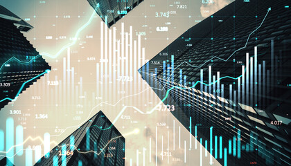 Poster - Skyscrapers with financial data overlays. 3D Rendering
