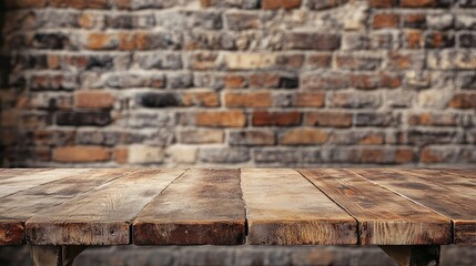 Poster - Rustic Wooden Table with a Distressed Finish Set Against an Exposed Brick Wall Perfect for Capturing a Cozy and Inviting Atmosphere in Any Space