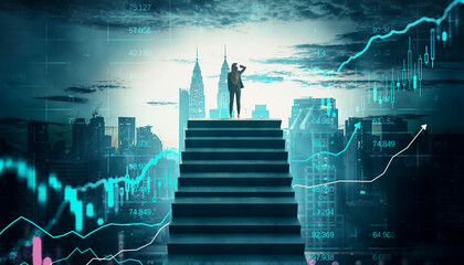 Poster - Businesswoman standing atop staircase overlooking city skyline with financial graphs, symbolizing career growth and success.