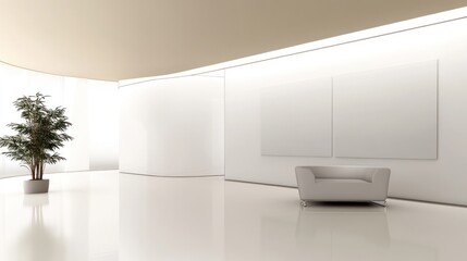 Wall Mural - Modern minimalist interior design with white walls, curved walls, armchair, plant, and blank canvases.