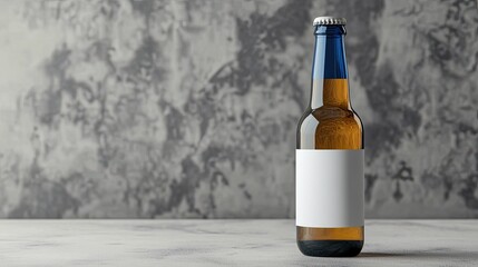 Poster - Isolated Beverage Bottle with Blank Label Standing on Retro Table Against Textured Wall Background, Perfect for Mockup or Product Presentation in Advertising Context
