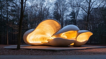 Wall Mural - Illuminated organic concrete structure in a forest at twilight.