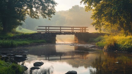 Wall Mural - Misty sunrise over a small wooden bridge spanning a calm river in a lush green forest.