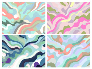 Wall Mural - Four abstract backgrounds feature pastel colors and wavy, organic shapes, creating a fluid, dynamic, and visually appealing design suitable for various creative projects