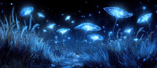 Wall Mural - Glowing blue flowers illuminate a dark, mystical path at night.