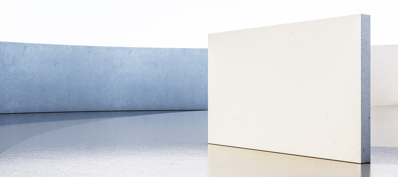 Minimalistic outdoor scene featuring concrete walls and reflective floor surface in a clean, modern setting. 3D Rendering