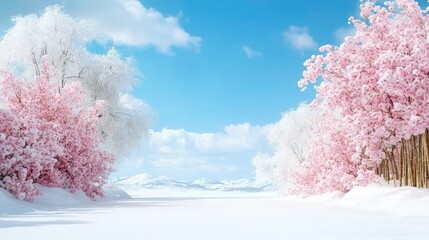 Wall Mural - Pink cherry blossoms and snow-covered trees in winter wonderland landscape.