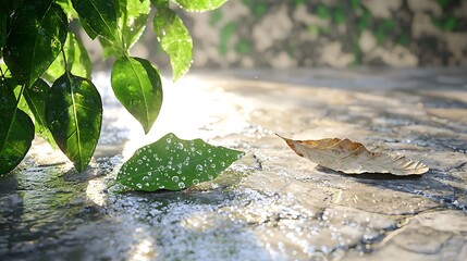 Aufkleber - Sunlit green leaves and a dried leaf on wet stone.
