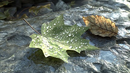 Aufkleber - Dew-covered maple leaf and dry leaf on wet rock.