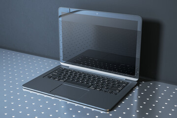 Poster - Open laptop with blank screen displayed on metallic surface with dotted pattern, reflecting modern and sleek design. 3D Rendering
