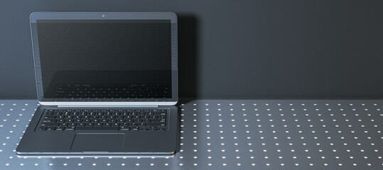 Aufkleber - Open laptop on a dotted metallic surface with a dark background, showcasing a clean and modern design for technology presentations. 3D Rendering
