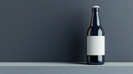Poster - Dark Glass Bottle on Minimalist Shelf Against a Gray Background with Blank Label for Custom Branding or Product Display in Advertising Campaigns