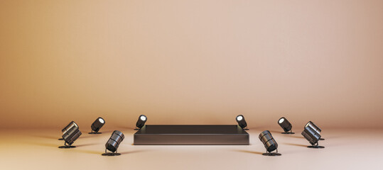 Poster - Minimal podium with spotlights on beige background, ideal for product presentations, creative designs, and mockup templates. 3D Rendering