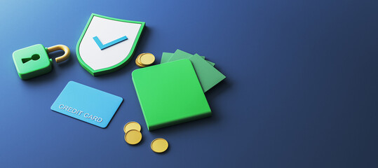 Poster - Digital security concept with credit card, shield, lock, and coins on blue background. 3D Rendering