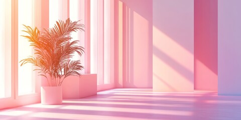 Wall Mural - A spacious room with a pink wall and a large plant in a pink pot placed in the center. The room is well-lit, and the plant adds a touch of greenery to the space