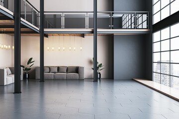 Aufkleber - Modern spacious loft-style interior with large windows, grey floor tiles, cozy sofa, black metal beams, and contemporary lighting. 3D Rendering