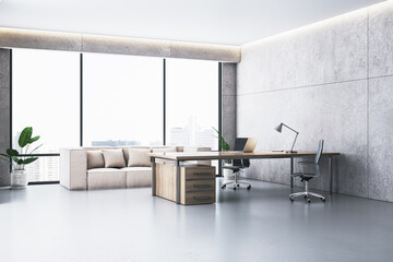 Poster - Modern executive office interior with wooden desk, sofa, and city view through large windows. Clean and minimalist design. 3D Rendering