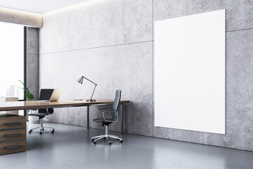 Poster - Modern executive office with concrete walls, wooden desk, and blank vertical canvas for display. 3D Rendering
