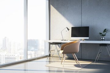 Poster - Modern workspace with desk, chair, computer, and decor near large window overlooking cityscape in bright minimalist interior design. 3D Rendering