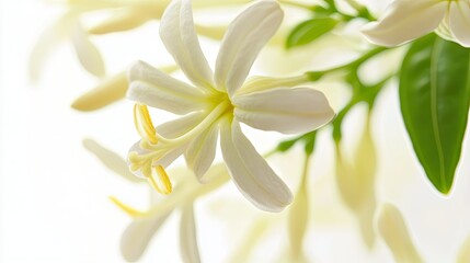 Poster - Delicate White Blossom with Soft Petals and Subtle Green Foliage Captured in Bright Natural Light for Botanical Elegance and Serenity