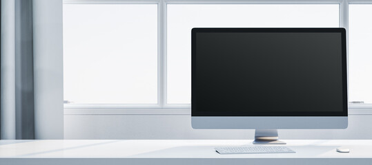 Poster - Minimalistic desktop setup with a black screen monitor, keyboard, and mouse on a white table near a window with curtains. 3D Rendering